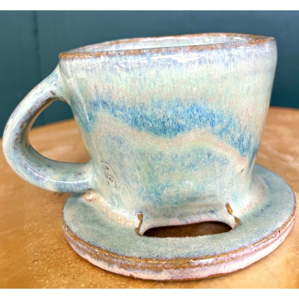 Studio Pottery Ceramic Coffee Pour Over Dripper Teal Drip Glaze Handle 3in x 4in